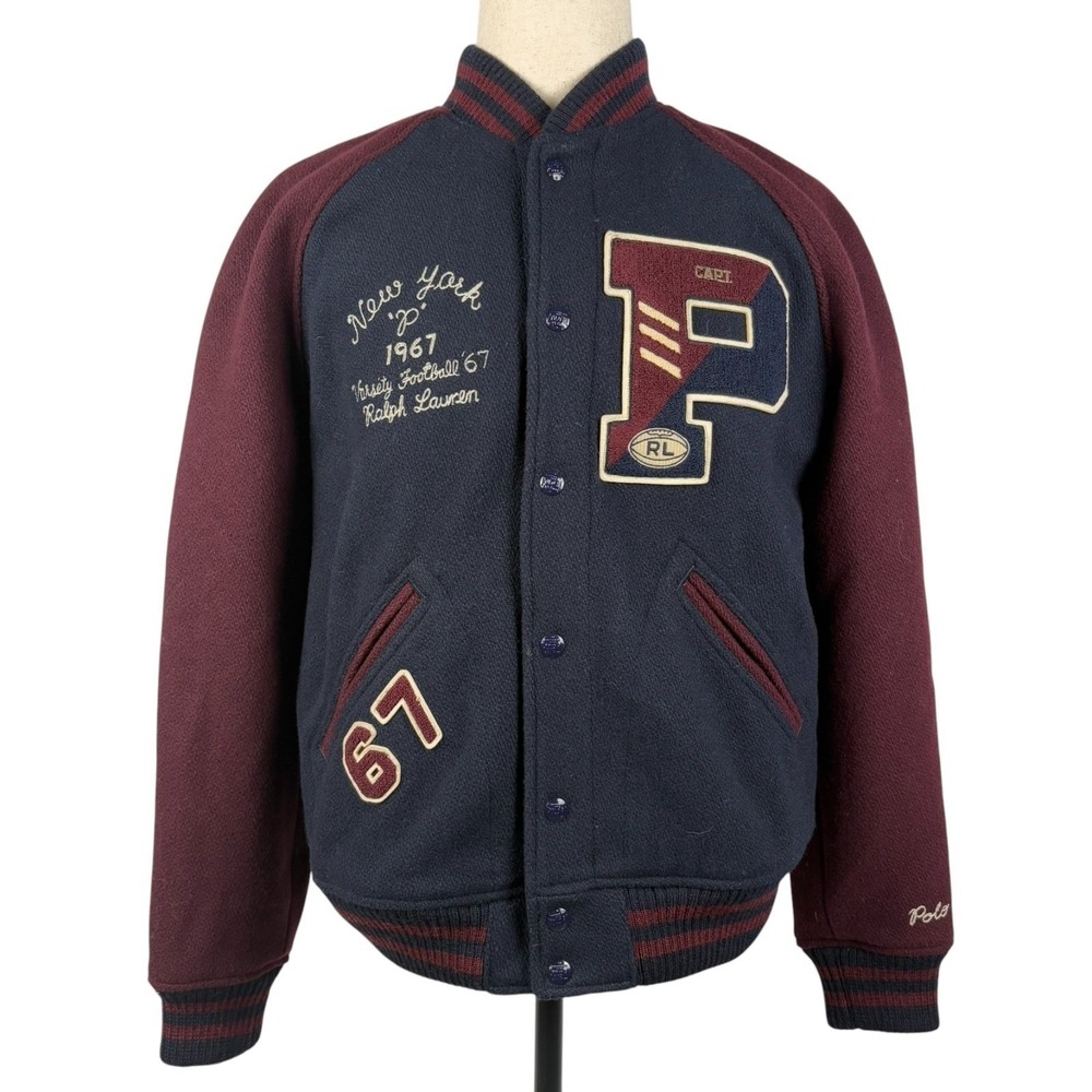 Polo Ralph Lauren Varsity Jacket Mens M Navy Burgundy Twill Wool Letterman NWT